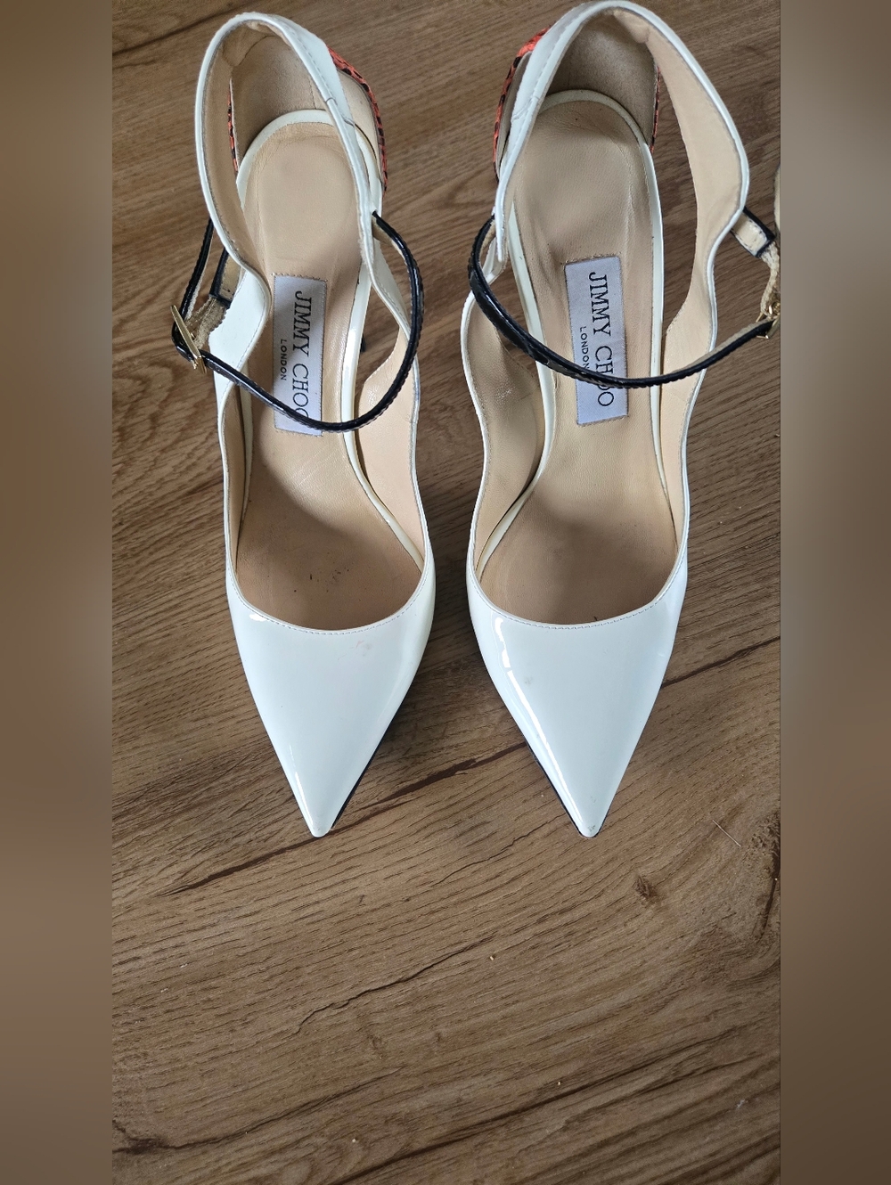 Jimmy Choo White Patent Leather Pointed Slingback Pumps with Black Ankle Strap